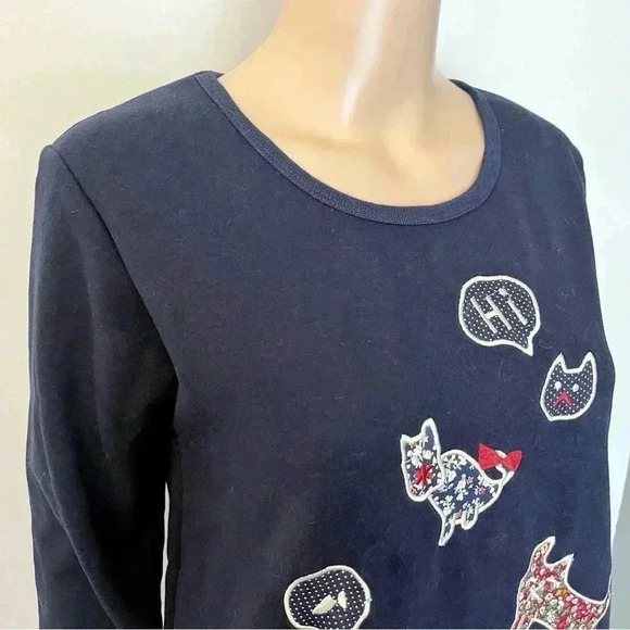 Vintage long sleeves navy sweaters with cats embroidery on the front. Medium - Picture 2 of 8